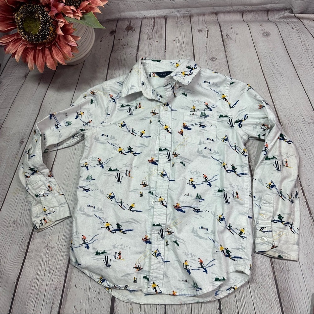 Janie and Jack Ski Print cotton button down Shirt winter cabin slopes outdoor